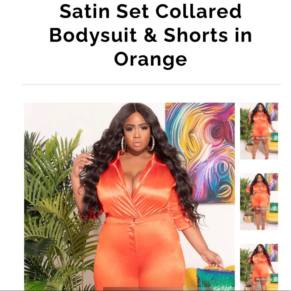 VERY STRETCHY 2 Piece Satin Set Collared
Bodysuit & Shorts in Orange